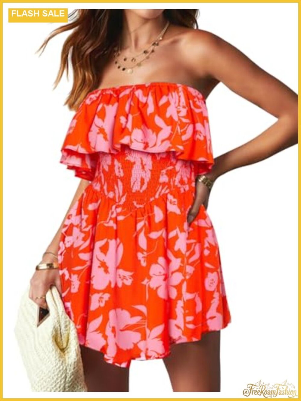 Women's Strapless Floral Romper Off Shoulder Ruffle Hem Shorts Jumpsuit with